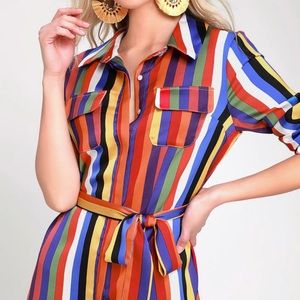 Lulus Amuse Me RAINBOW STRIPED MIDI SHIRT DRESS M
